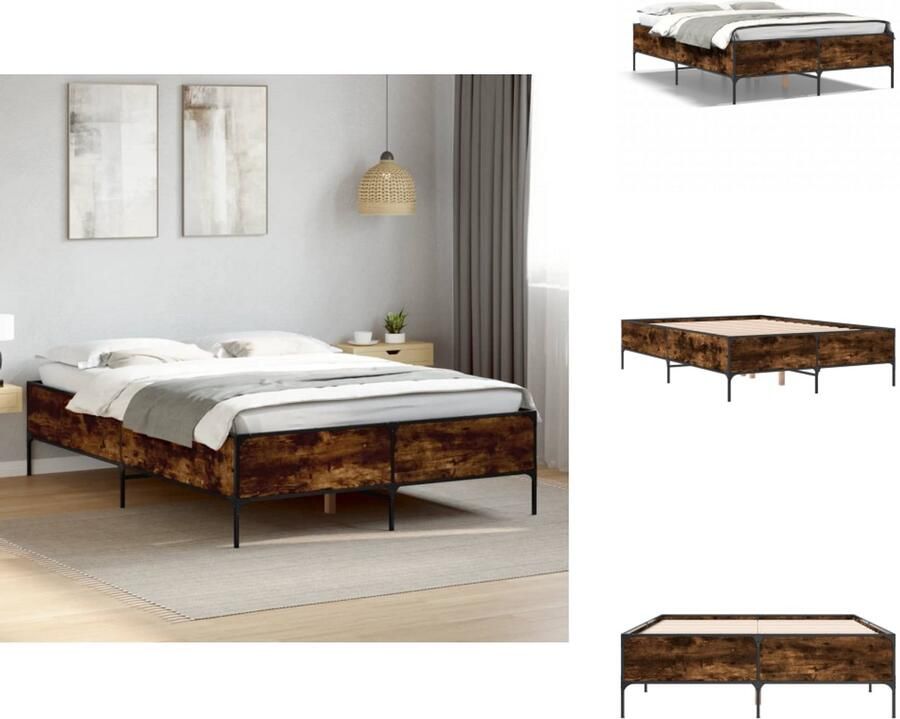 VidaXL Bedframe Bedframes Bed Bedbodem Bedframe bewerkt hout metaal gerookt eikenkleurig 140x200 cm