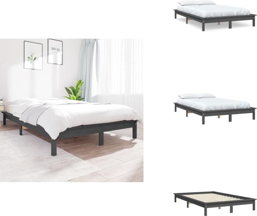 VidaXL Houten Bed Klassiek Bedframe Afmeting- 212 x 191.5 x 26 cm Ken- Massief grenenhout Kleur- Grijs Bed