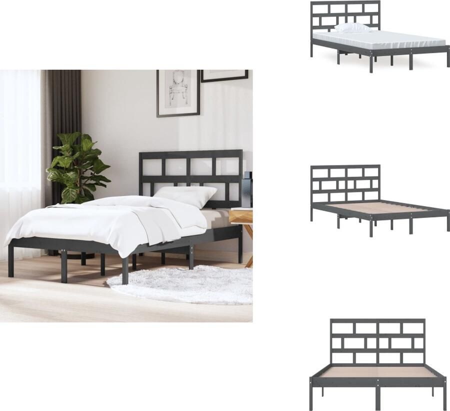 VidaXL Bedframe Grijs Massief Grenenhout 205.5 x 126 x 100 cm Stevige Lattenbodem Comfortabel Hoofdeinde Bed