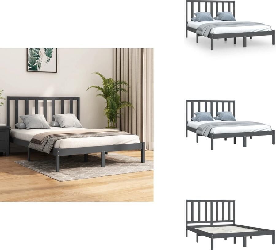 VidaXL Grijs Houten Bedframe 195.5 x 141 x 100 cm Stabiel en Comfortabel Geschikt voor matras 135 x 190 cm Bed - Foto 2