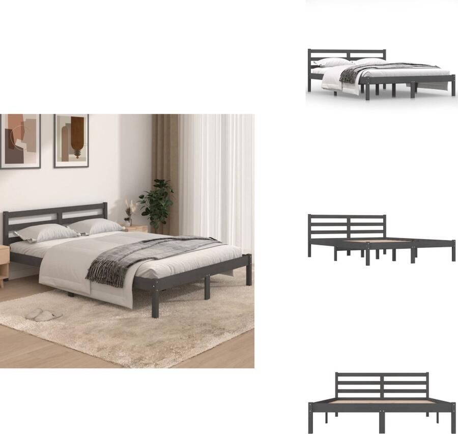 VidaXL Bedframe Grenenhout Grijs 195.5 x 145.5 x 69.5 cm Stevig lattenbodem Comfortabel hoofdeinde Montage vereist Bed