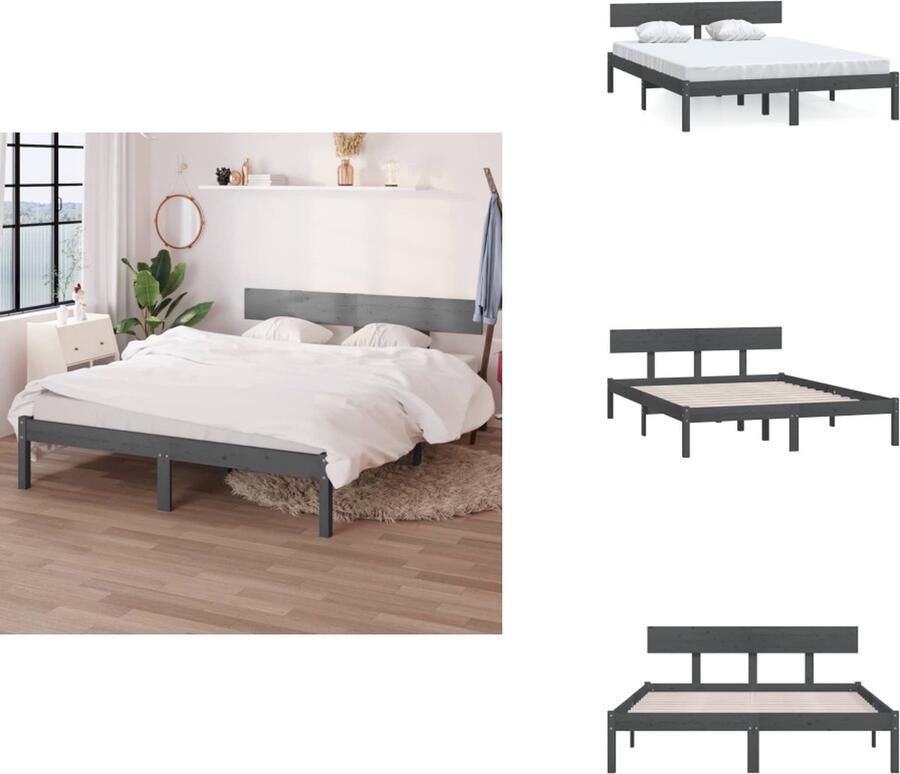 VidaXL Bedframe Bedframes Bed Bedbodem Bedframe massief grenenhout grijs 140x200 cm - Foto 2