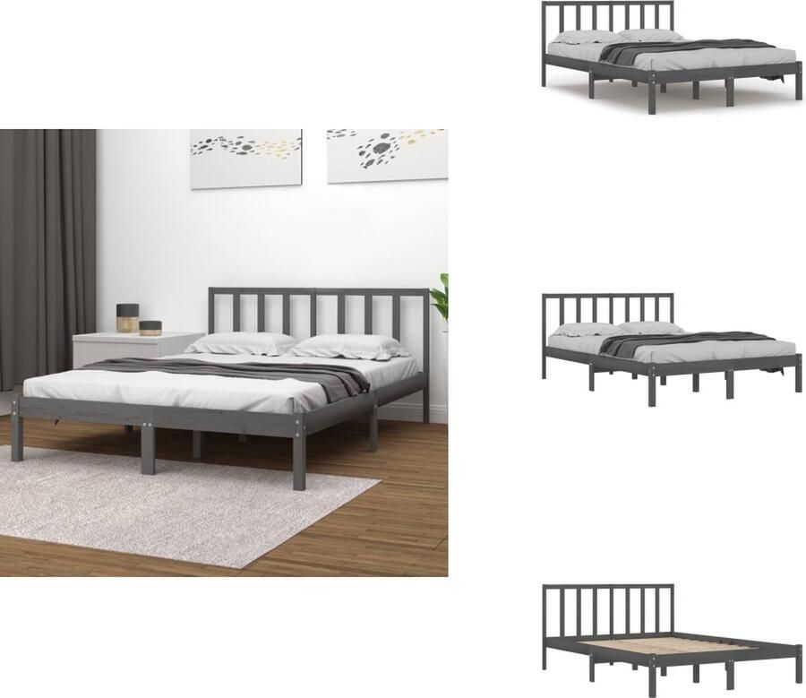 VidaXL Bedframe Grenenhout King Size (150x200cm) Grijs massief houten bedframe met stabiel ontwerp en comfortabel hoofdbord Bed