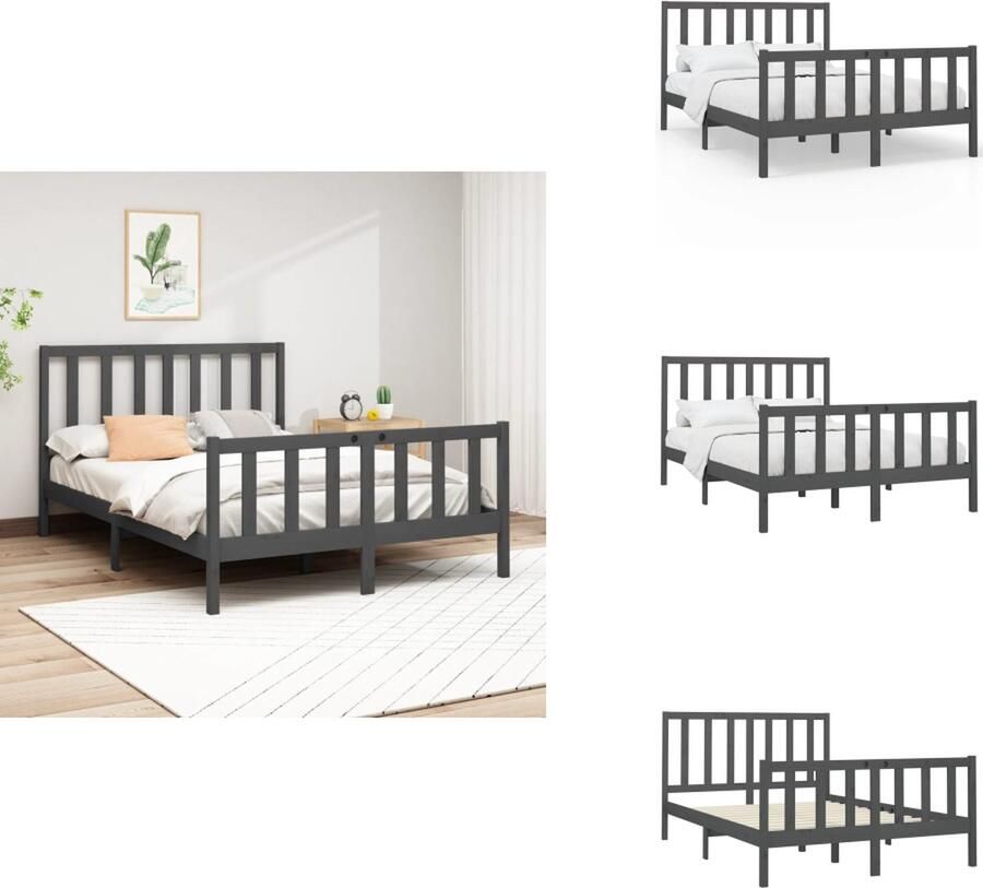 VidaXL Houten Bedframe King Size Grijs Massief Grenenhout 205.5x156x69.5 cm Comfortabel hoofdeinde Bed