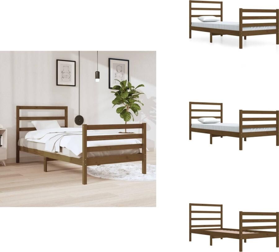 VidaXL Bedframe Bedframes Bed Eenpersoonsbed Bedframe met hoofdbord massief hout honingbruin 90x200 cm - Foto 2