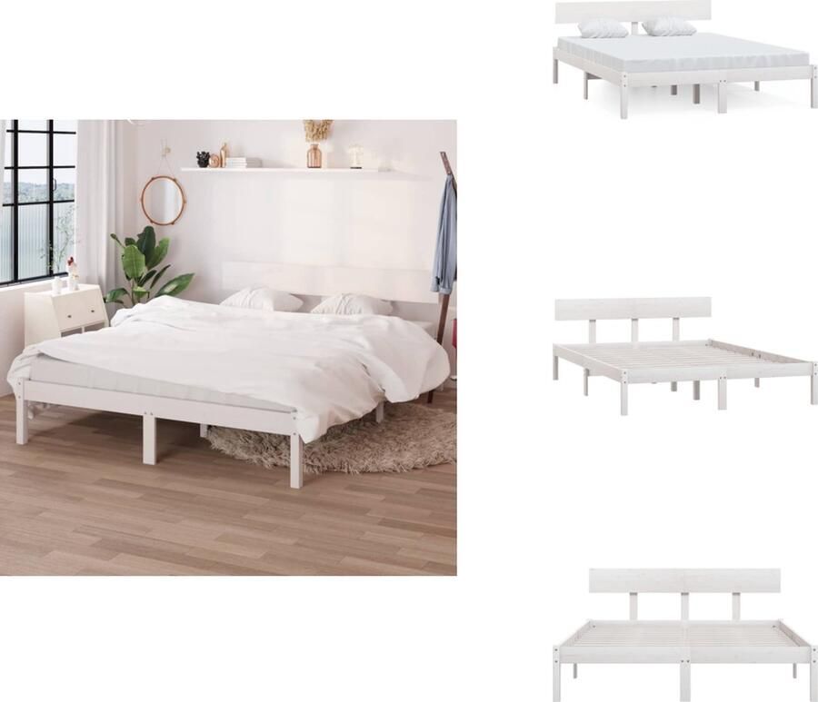 VidaXL Bedframe Bedframes Bed Bedbodem Bedframe massief grenenhout wit 150x200 cm UK King