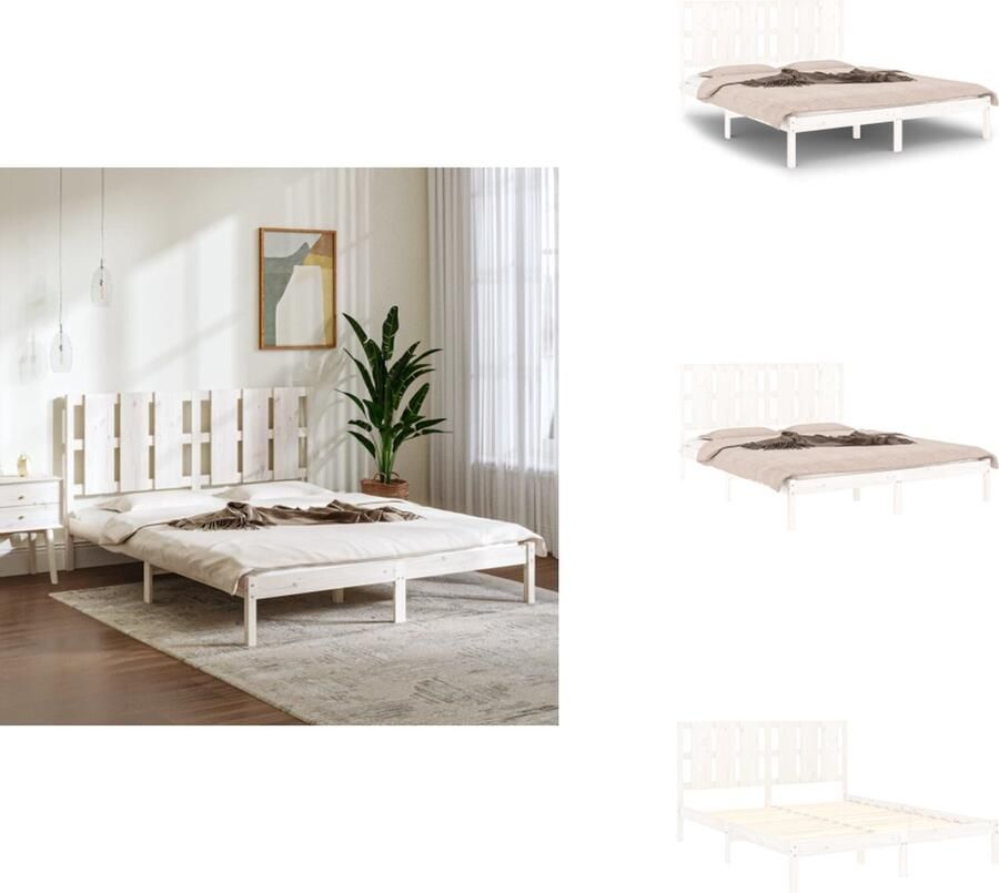 VidaXL Bedframe Grenenhout Wit 160 x 200 cm Stevige lattenbodem Comfortabel hoofdeinde Bed