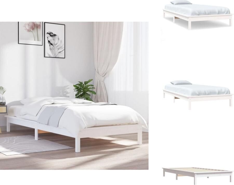 VidaXL Bedframe Bedframes Bed Bedbodem Bedframe massief grenenhout wit 90x200 cm - Foto 4
