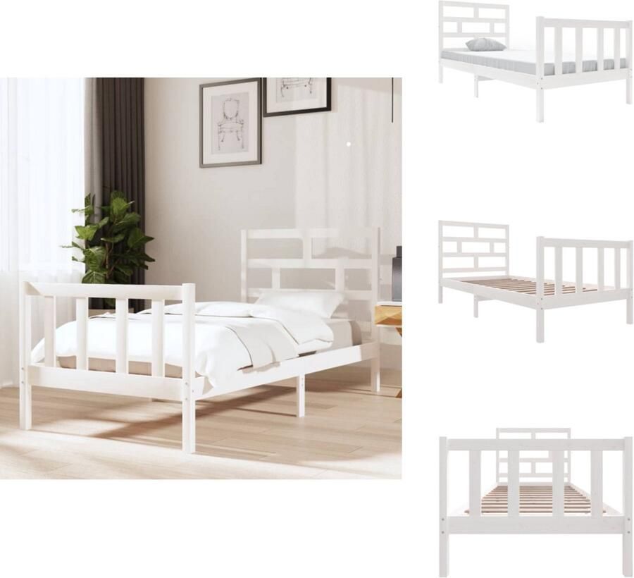VidaXL Bedframe Bedframes Bed Bedbodem Bedframe massief grenenhout wit 90x200 cm - Foto 2