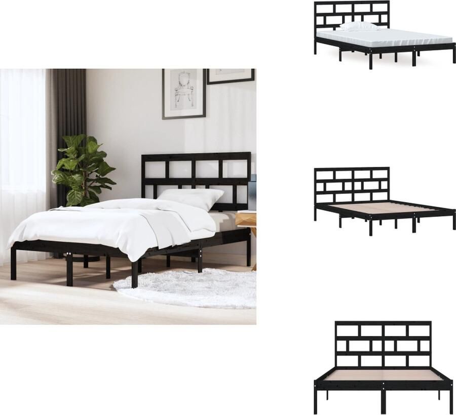 VidaXL Bedframe Zwarte Houten 205.5 x 146 x 100 cm Massief grenen Inclusief hoofdeinde Geschikt voor 140 x 200 cm matras Montage vereist Bed