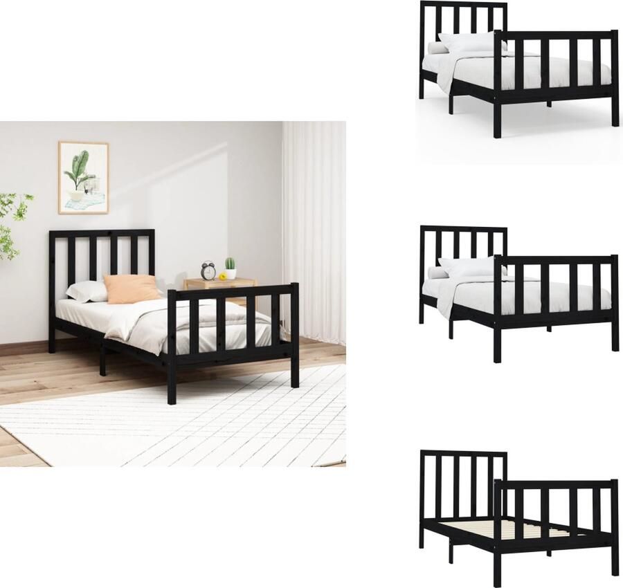 VidaXL Bedframe Grenenhout Zwart 205.5 x 93.5 x 69.5 cm Stevige lattenbodem Comfortabel hoofdeinde Geschikt voor 90 x 200 cm matras Montage vereist Bed