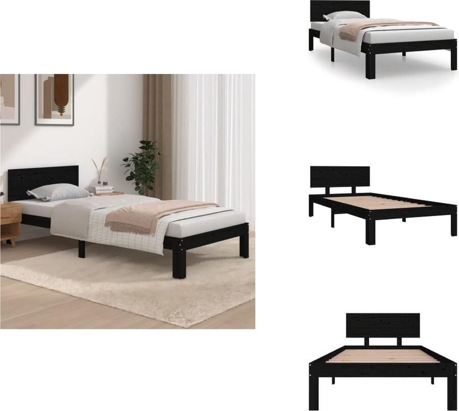 VidaXL Bedframe Grenenhout Zwart 205.5 x 93.5 x 69.5 cm Stevige lattenbodem Comfortabel hoofdeinde Geschikt voor 90 x 200 cm matras Montage vereist Bed - Foto 2