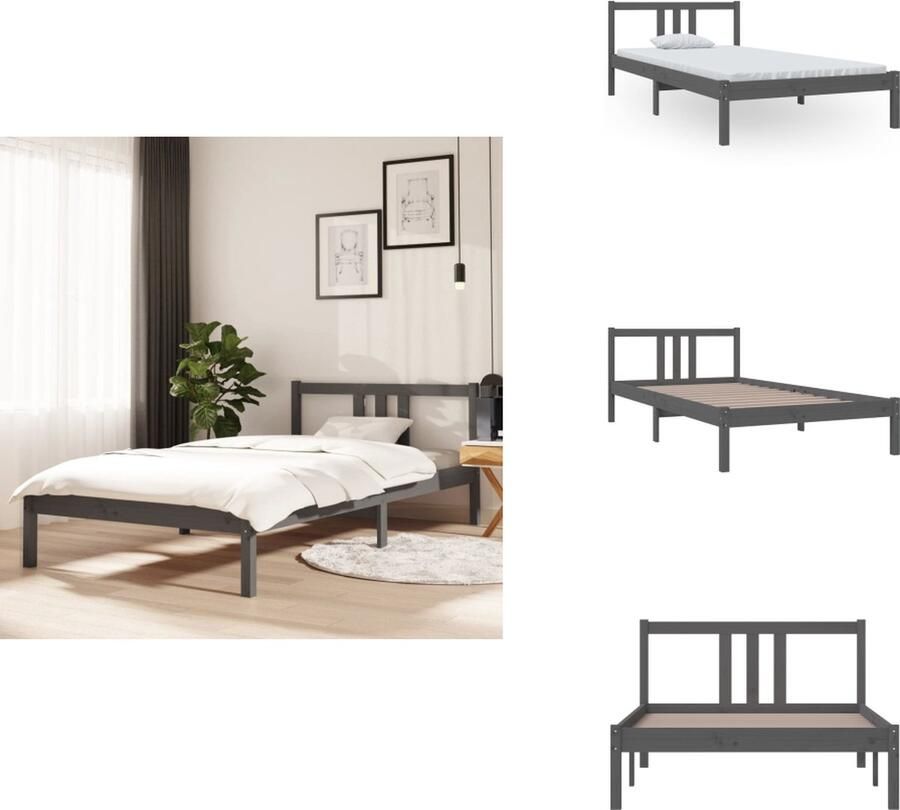 VidaXL Bedframe Rustiek Eenpersoonsbed 100 x 200 cm Massief grenenhout Grijs Bed