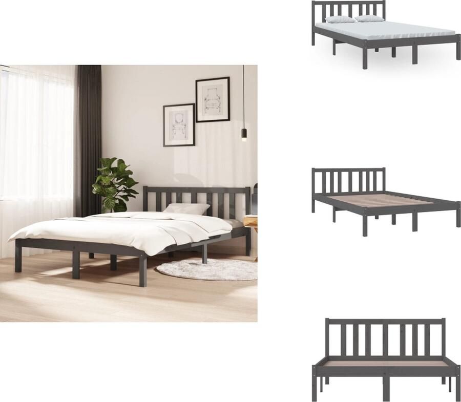 VidaXL Houten Bedframe Praktisch en decoratief Massief grenenhout Stabiel en comfortabel Grijs 205.5 x 125.5 x 69.5 cm Geschikt voor 120 x 200 cm matras Montage vereist Bed
