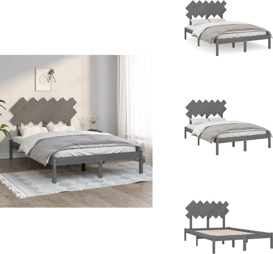 VidaXL Houten bedframe 195.5 x 140.5 x 31 cm Massief grenenhout Stevige lattenbodem Grijs Bed