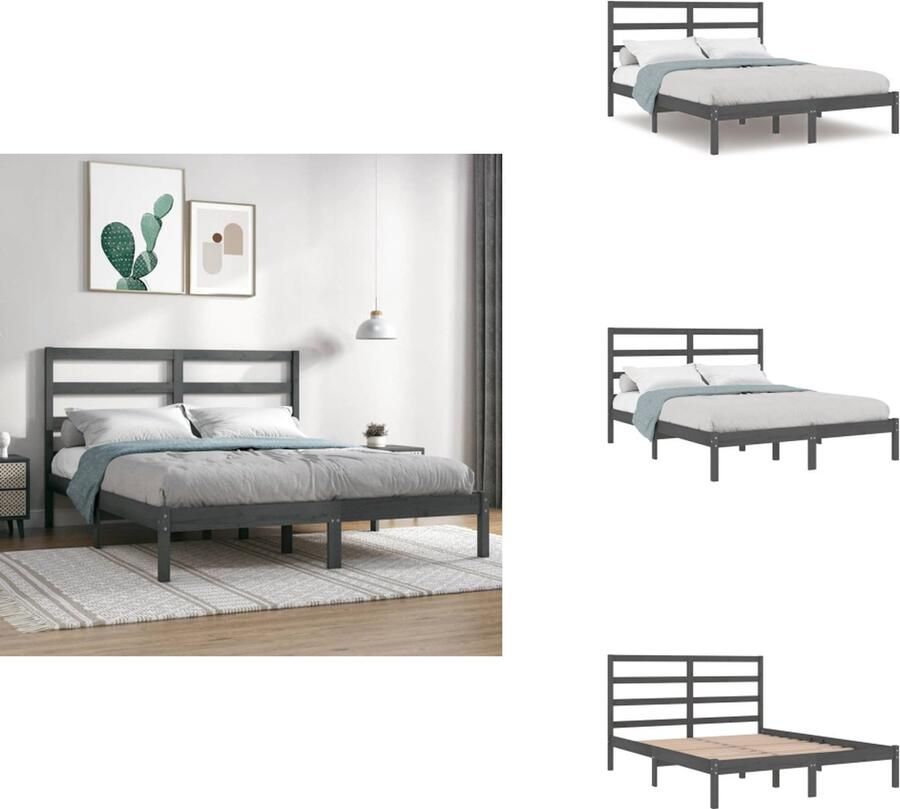 VidaXL Bedframe Bedframes Bed Bedbodem Bedframe massief hout grijs 150x200 cm 5FT King Size