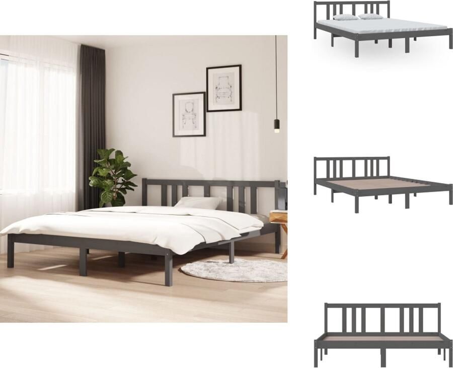 VidaXL Bedframe Bedframes Bed Bedbodem Bedframe massief hout grijs 150x200 cm 5FT King Size - Foto 6