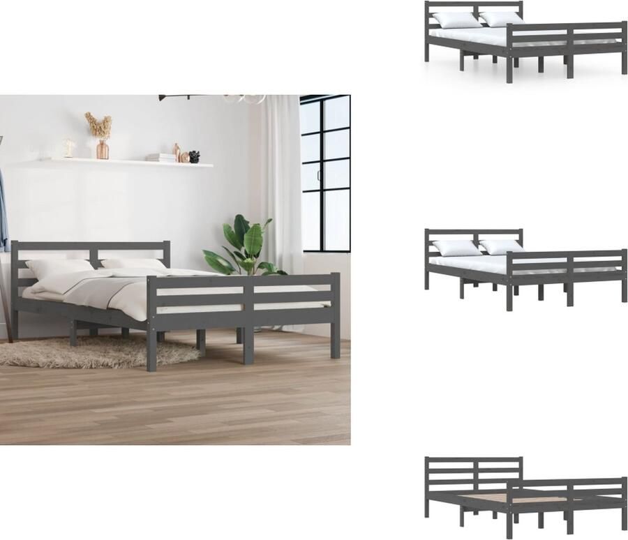 VidaXL Houten Bedframe Grijs 195.5 x 125.5 x 69.5 cm Massief Grenenhout Multiplex Lattenbodem Bed