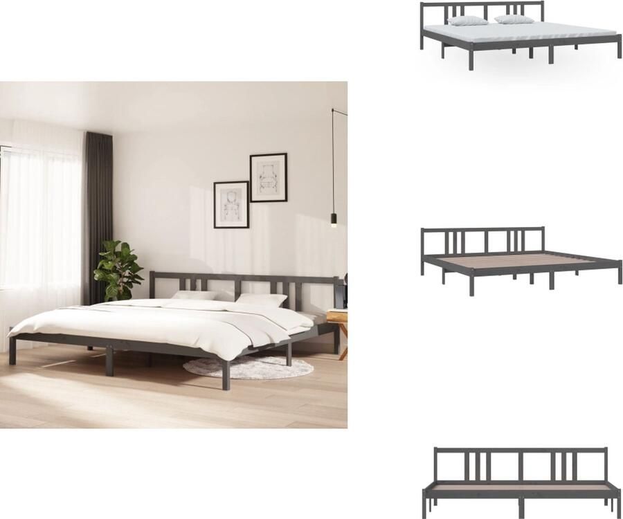 VidaXL Bedframe Grenenhout 205.5 x 205.5 x 69.5 cm Grijs Geschikt voor 200 x 200 cm matras Bed - Foto 6