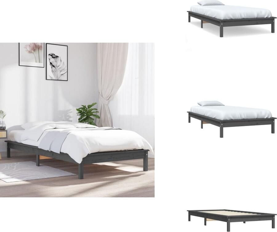 VidaXL Houten Bedframe Eenpersoons Grijs 195.5x80.5x51cm Hoogwaardig Massief Grenenhout Bed - Foto 3