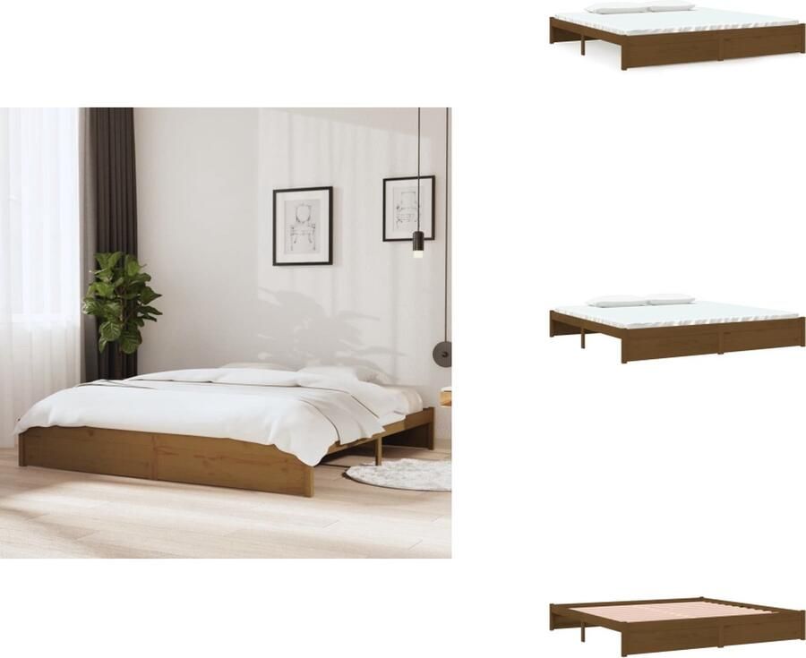 VidaXL Bedframe Houten Honingbruin 205.5 x 205.5 x 51 cm Massief Grenenhout Multiplex Lattenbodem Bed - Foto 9