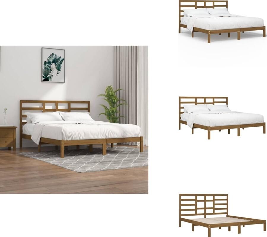 VidaXL Bedframe Houten Honingbruin 205.5 x 205.5 x 51 cm Massief Grenenhout Multiplex Lattenbodem Bed