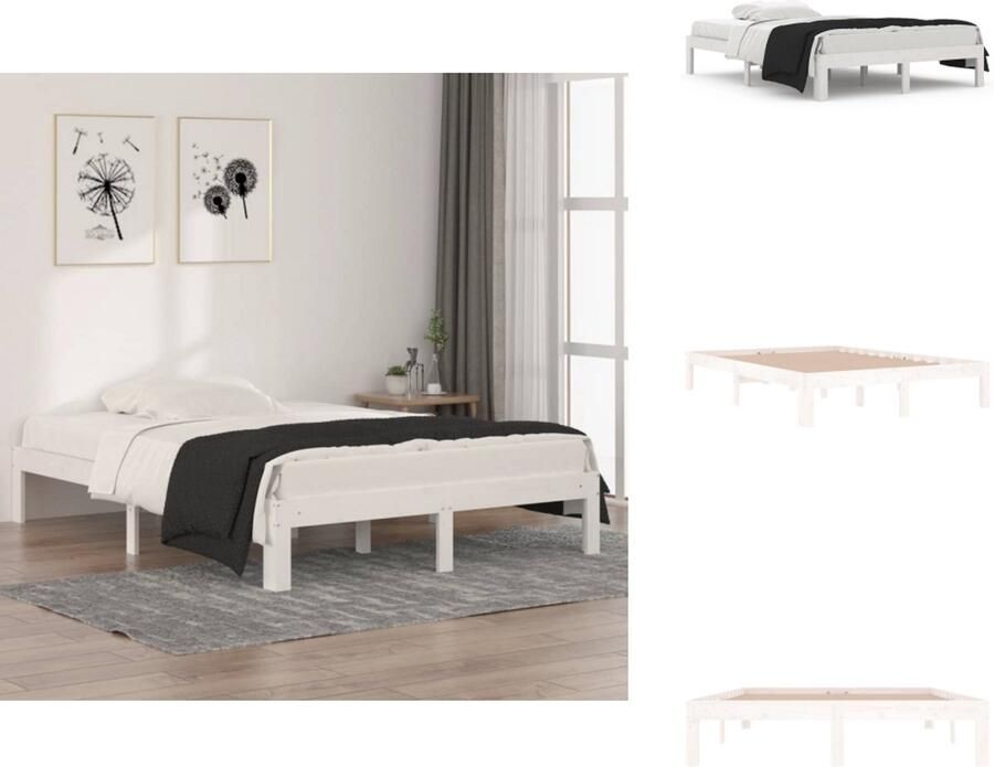 The Living Store Houten Bedframe Massief grenenhout 135 x 190 cm Stabiel en Rustiek Houten Bedframe Massief Hout Bed Grenenhout Bed Witte Bed Tweepersoons Bed - Foto 2