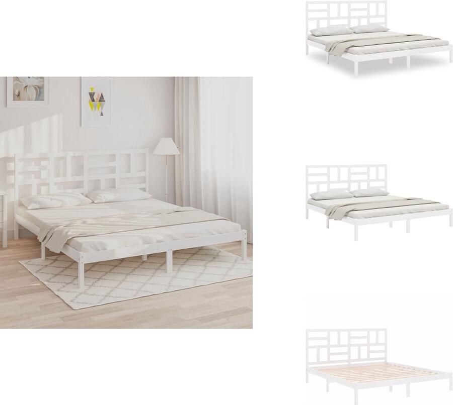 VidaXL Bedframe Massief Grenenhout Moderne Slaapkamer Afmeting- 205.5 x 205.5 cm Comfortabel Hoofdeinde Kleur- Wit Bed