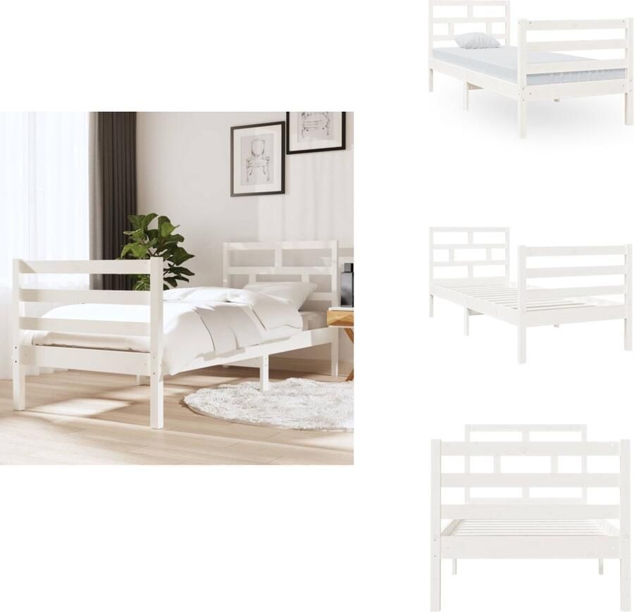 VidaXL Bedframe Grenenhout Wit 195.5 x 81 x 100 cm Stevige lattenbodem Geschikt voor 75 x 190 cm matras Bed