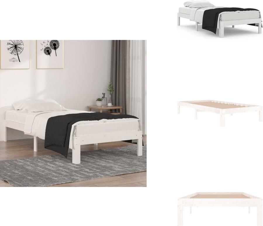 The Living Store Houten Bedframe eenpersoonsbed wit 195.5 x 96 x 104 cm massief grenenhout multiplex lattenbodem Houten Bedframe Enkelbed Witte Bedbank Modern Design Stabiele Constructie - Foto 5