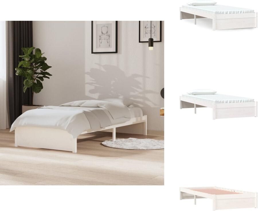The Living Store Houten Bedframe eenpersoonsbed wit 195.5 x 96 x 104 cm massief grenenhout multiplex lattenbodem Houten Bedframe Enkelbed Witte Bedbank Modern Design Stabiele Constructie - Foto 6