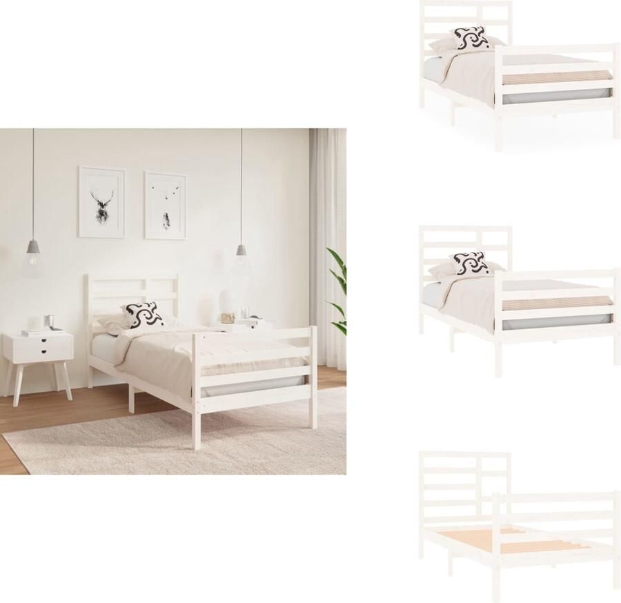 The Living Store Houten Bedframe eenpersoonsbed wit 195.5 x 96 x 104 cm massief grenenhout multiplex lattenbodem Houten Bedframe Enkelbed Witte Bedbank Modern Design Stabiele Constructie - Foto 2