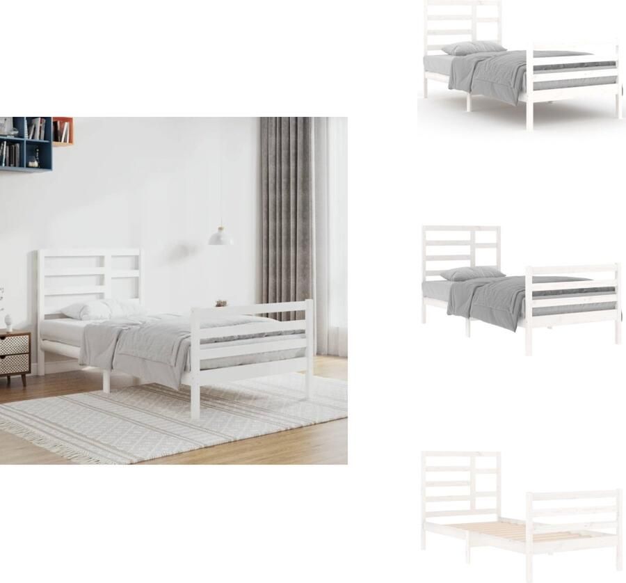 VidaXL Houten Bedframe Eenpersoons 90 x 200 cm Hoogwaardig massief grenenhout Stabiel en decoratief Geschikt voor kleine ruimtes Montage vereist Kleur- wit Bed