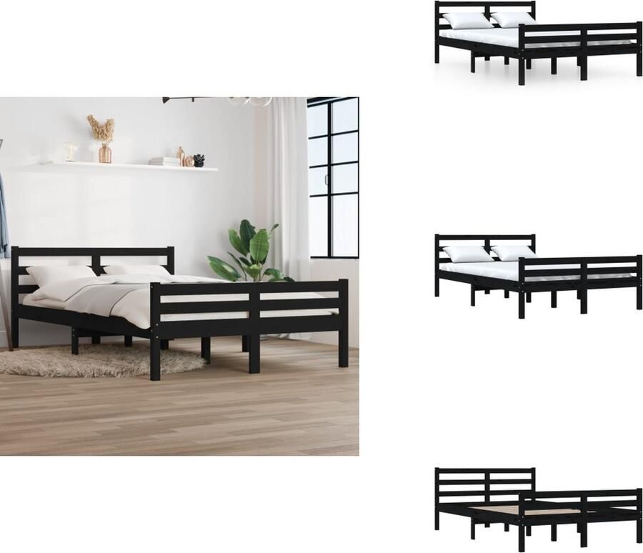 VidaXL Bedframe Bedframes Bed Bedbodem Bedframe massief hout zwart 135x190 cm