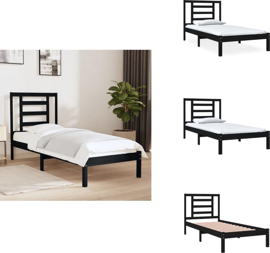 VidaXL Houten Bedframe Eenpersoonsbed Hoogwaardig massief grenenhout Stabiel frame Stevige lattenbodem Geschikt voor 75 x 190 cm matras Zwart Montage vereist Bed - Foto 2