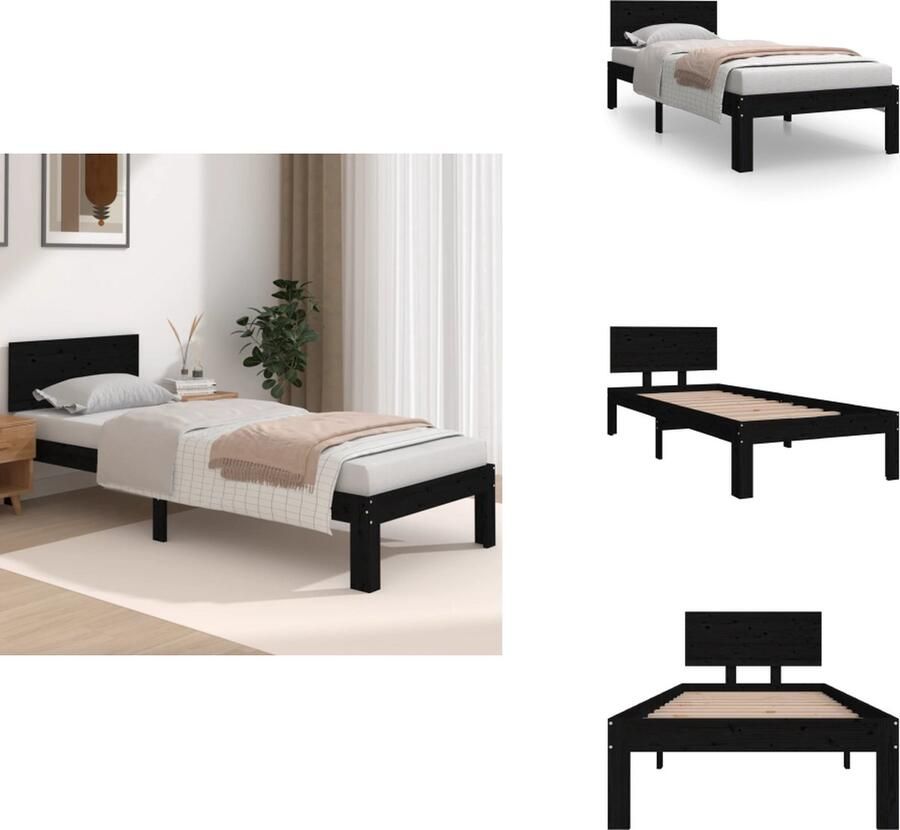 VidaXL Houten Bedframe Eenpersoonsbed Hoogwaardig massief grenenhout Stabiel frame Stevige lattenbodem Geschikt voor 75 x 190 cm matras Zwart Montage vereist Bed - Foto 3