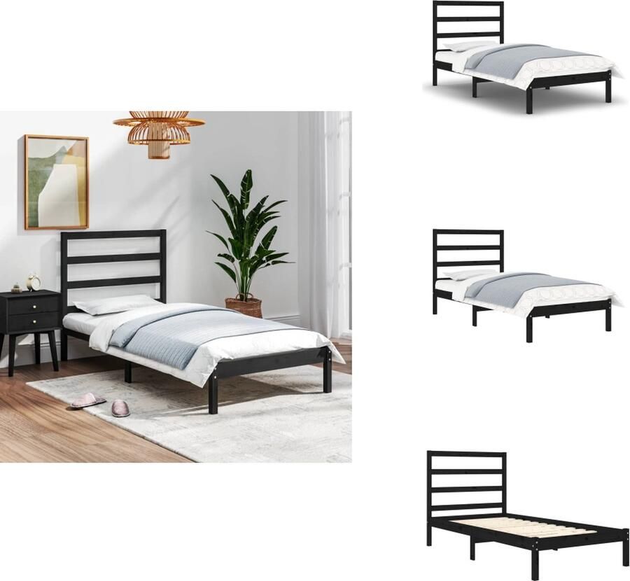 VidaXL Houten Bedframe Eenpersoonsbed Hoogwaardig massief grenenhout Stabiel frame Stevige lattenbodem Geschikt voor 75 x 190 cm matras Zwart Montage vereist Bed - Foto 4