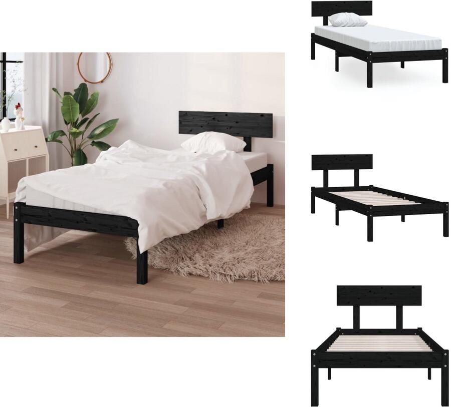 VidaXL Houten Bedframe Eenpersoonsbed Hoogwaardig massief grenenhout Stabiel frame Stevige lattenbodem Geschikt voor 75 x 190 cm matras Zwart Montage vereist Bed - Foto 5