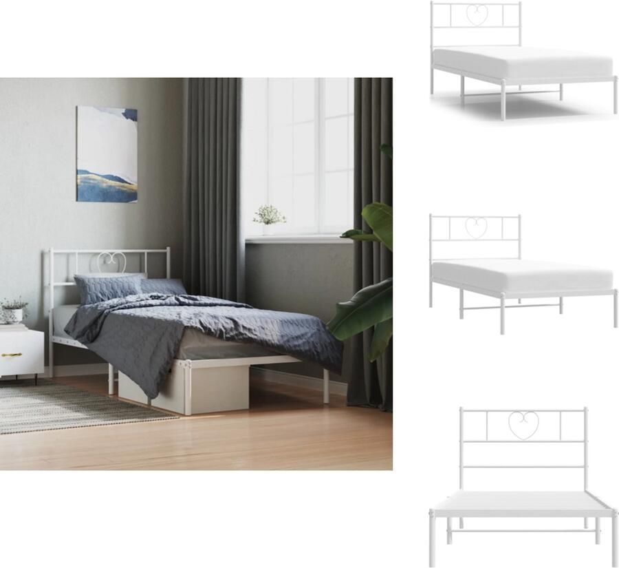 VidaXL Bedframe Bedframes Bed Bedbodem Bedframe met hoofdbord metaal wit 107x203 cm - Foto 2