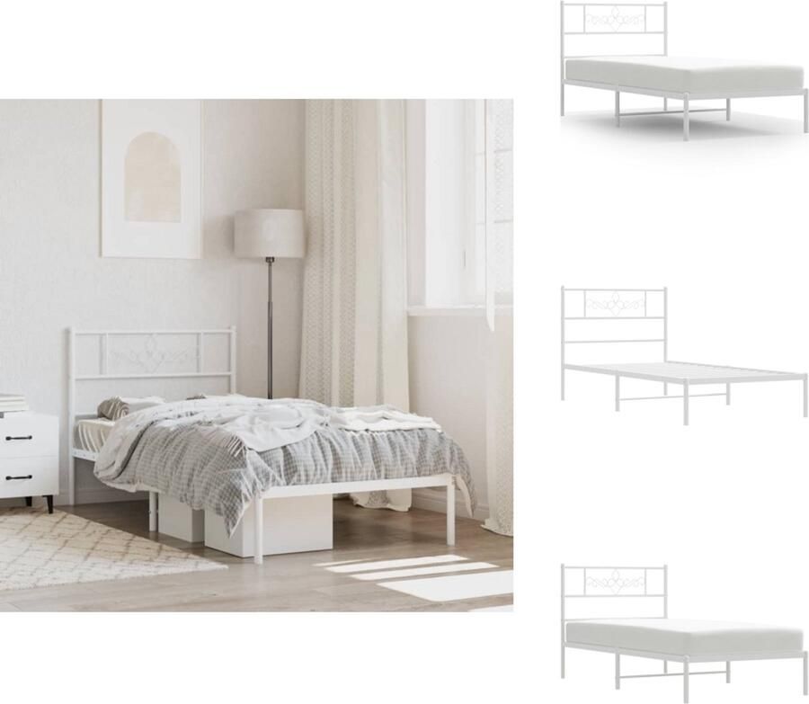 VidaXL Bedframe Bedframes Bed Bedbodem Bedframe met hoofdbord metaal wit 107x203 cm