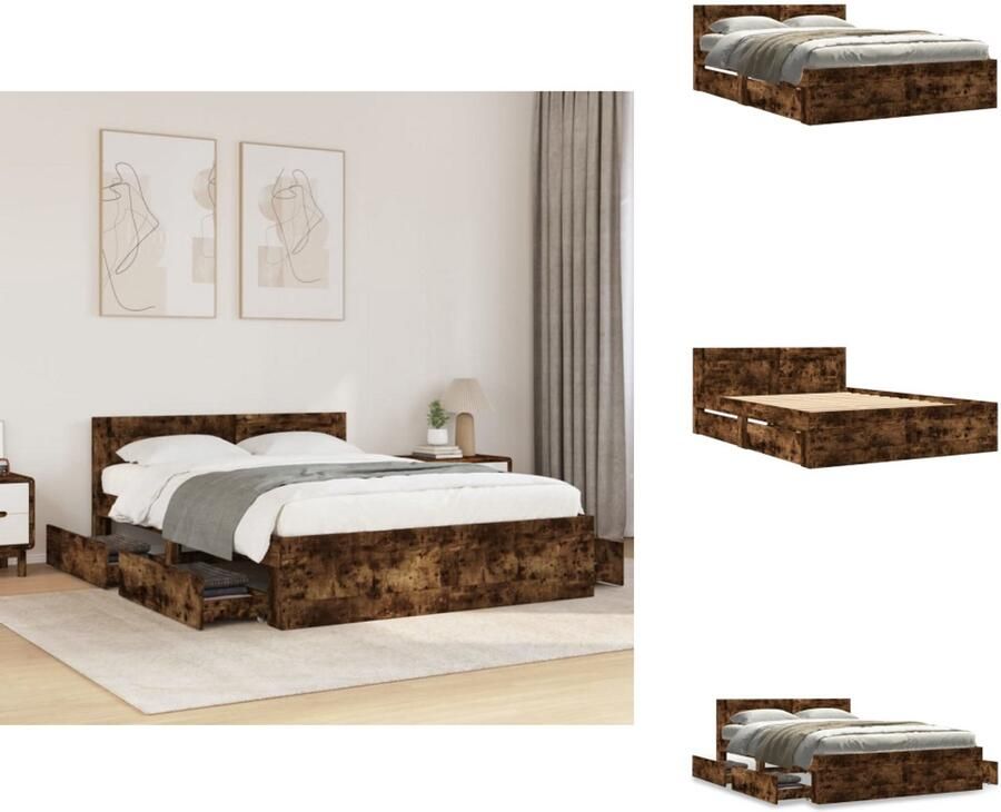 VidaXL Bedframe Bedframes Bed Bedbodem Bedframe met hoofdeinde bewerkt hout gerookt eiken 140x190 cm