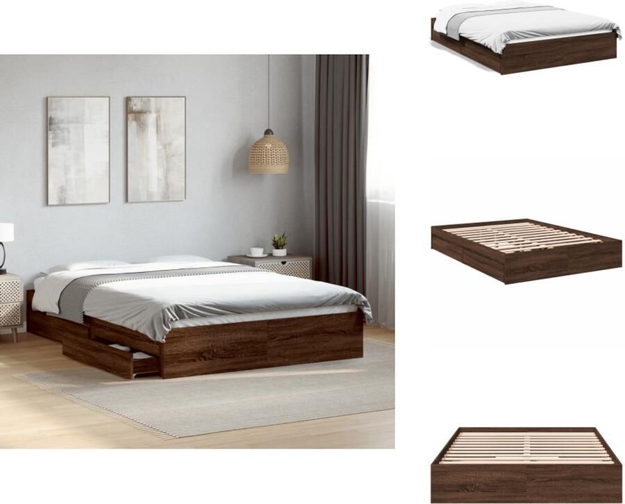 VidaXL Bedframe Bedframes Bed Bedbodem Bedframe met lades bewerkt hout bruin eikenkleurig 140x190 cm