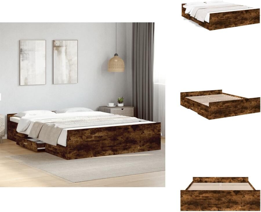 VidaXL Bedframe Bedframes Bed Bedbodem Bedframe met lades bewerkt hout gerookt eikenkleurig 150x200 cm