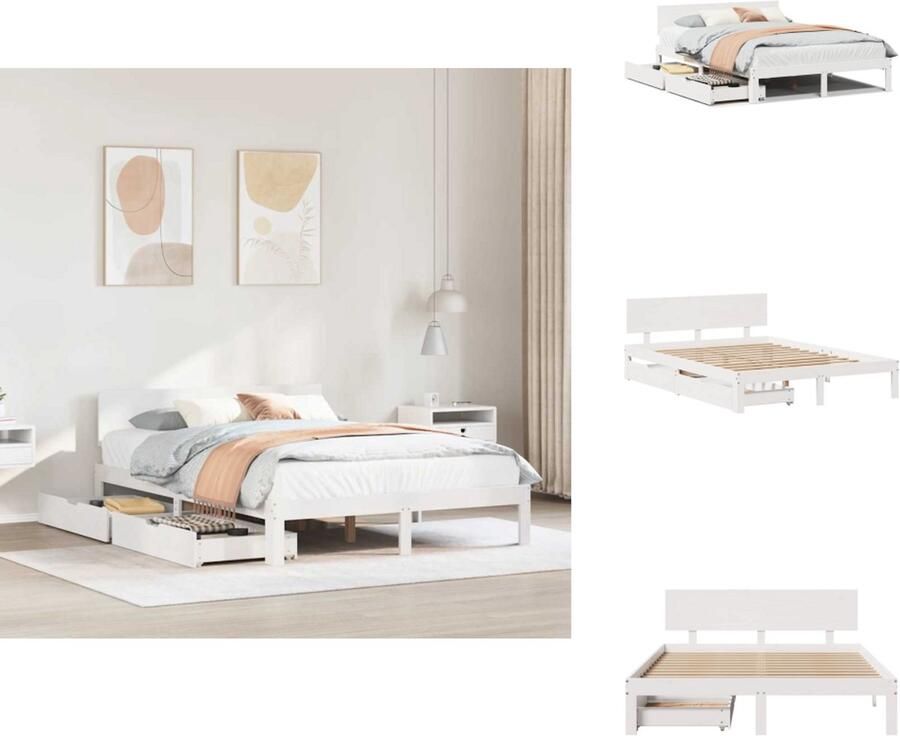 VidaXL Bedframe Bedframes Bed Bedbodem Bedframe met lades massief grenenhout wit 120x190 cm