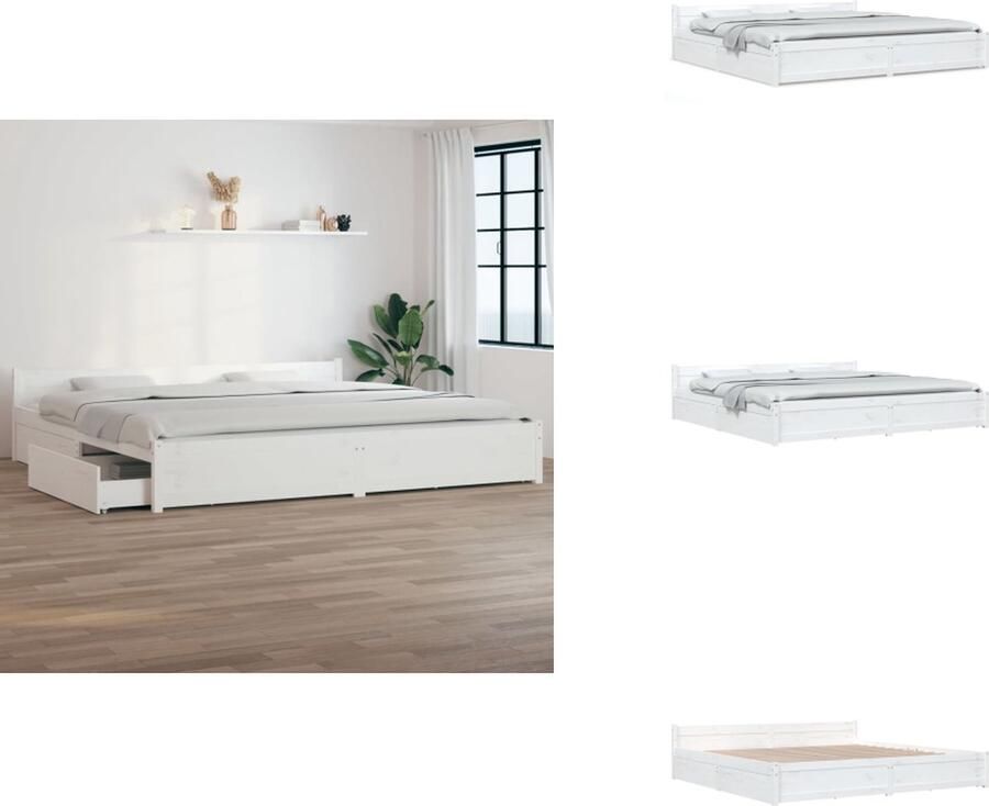 VidaXL Klassiek Houten Bedframe Wit 205.5 x 205.5 x 51 cm Opbergfunctie Bed