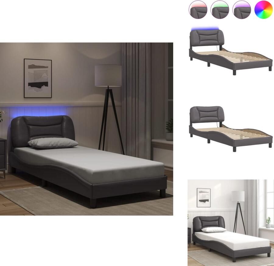 VidaXL Bedframe Bedframes Bed Bedbodem Bedframe met LED-verlichting kunstleer grijs 80x200 cm