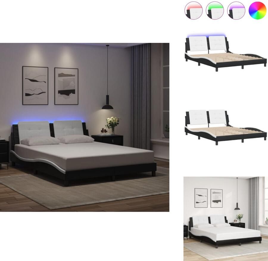 VidaXL Bedframe Bedframes Bed Bedbodem Bedframe met LED-verlichting kunstleer zwart en wit 160x200 cm