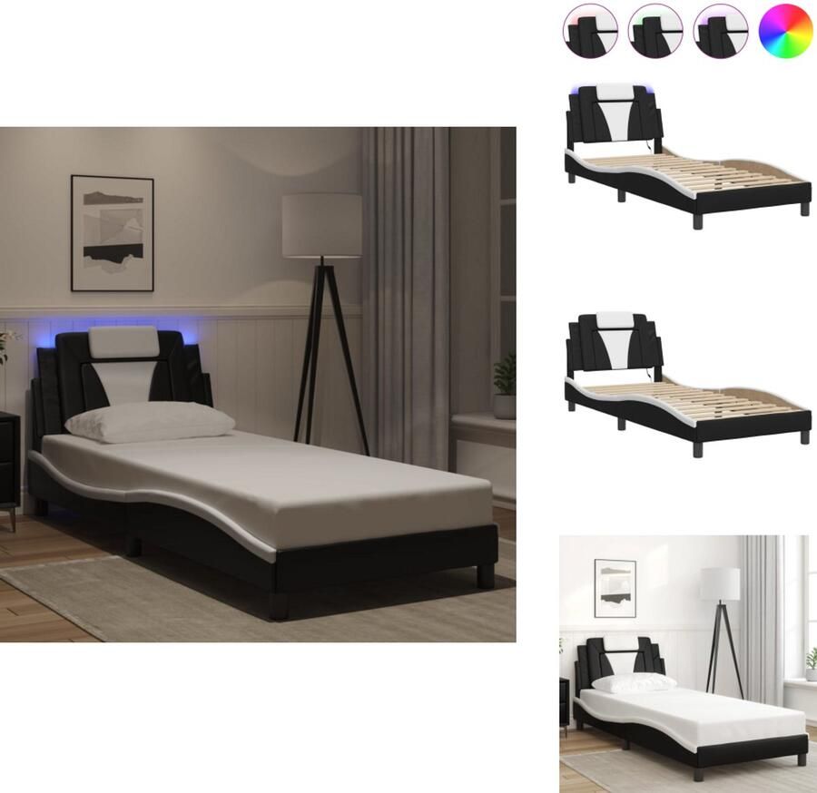 VidaXL Bedframe Bedframes Bed Bedbodem Bedframe met LED-verlichting kunstleer zwart en wit 90x190 cm