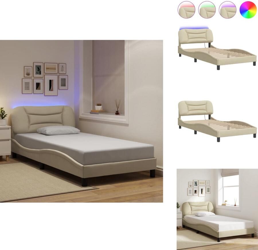 VidaXL Bedframe Bedframes Bed Bedbodem Bedframe met LED zonder matras 100x200 cm stof crème