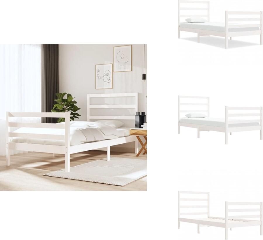 VidaXL Bedframe Bedframes Bed Bedbodem Bedframe zonder matras massief grenenhout wit 75x190 cm - Foto 2